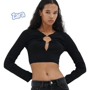 ZARA Black Ribbed Cutout Ring Detail Long Sleeve Crop Top Size S